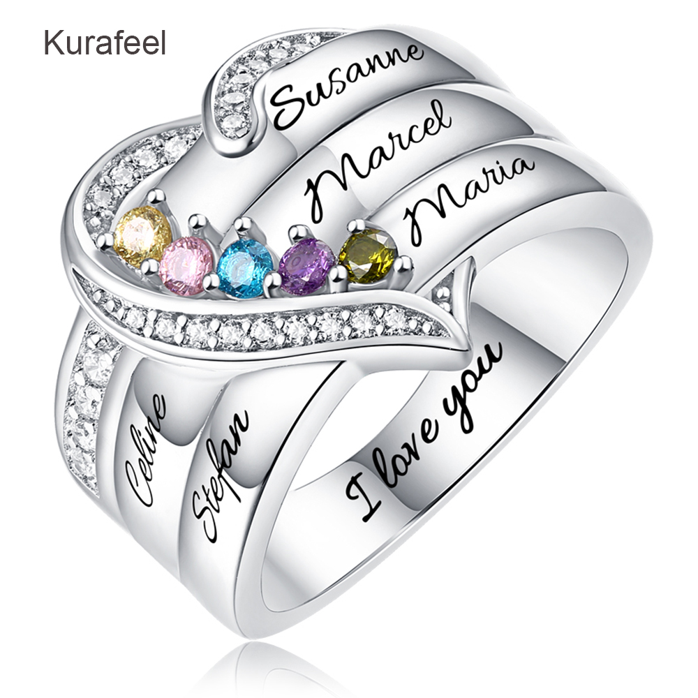 Silver Custom Family Series Lettering Birthstone Ring